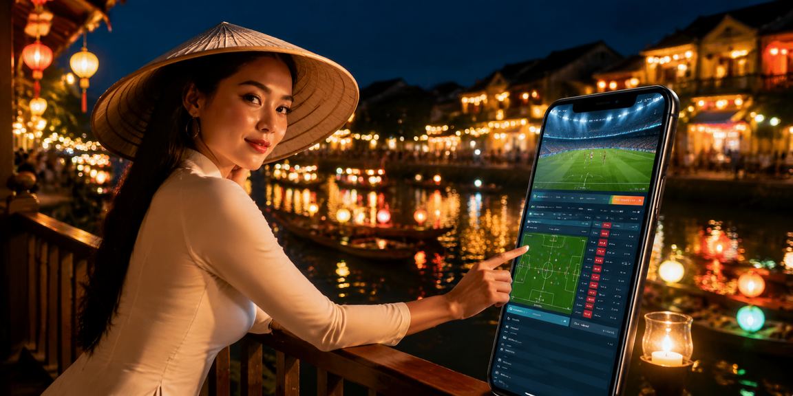 Người phụ nữ đội nón lá tại Hội An đang dùng điện thoại truy cập casino trực tuyến