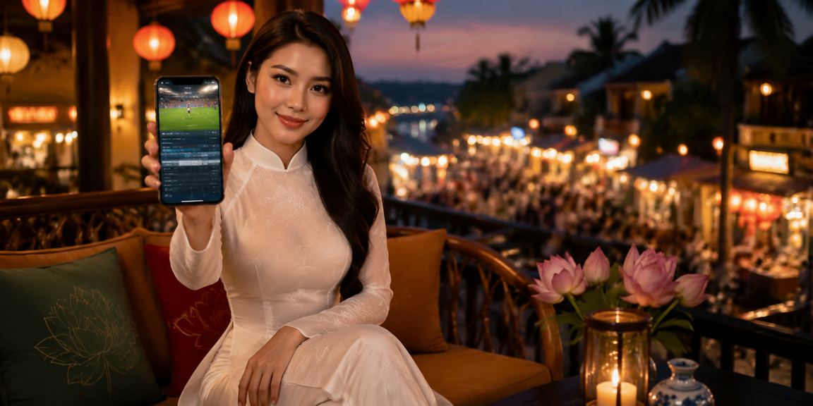 Người dùng tại Phú Quốc xem thông tin cá cược thể thao trên điện thoại bên bờ biển